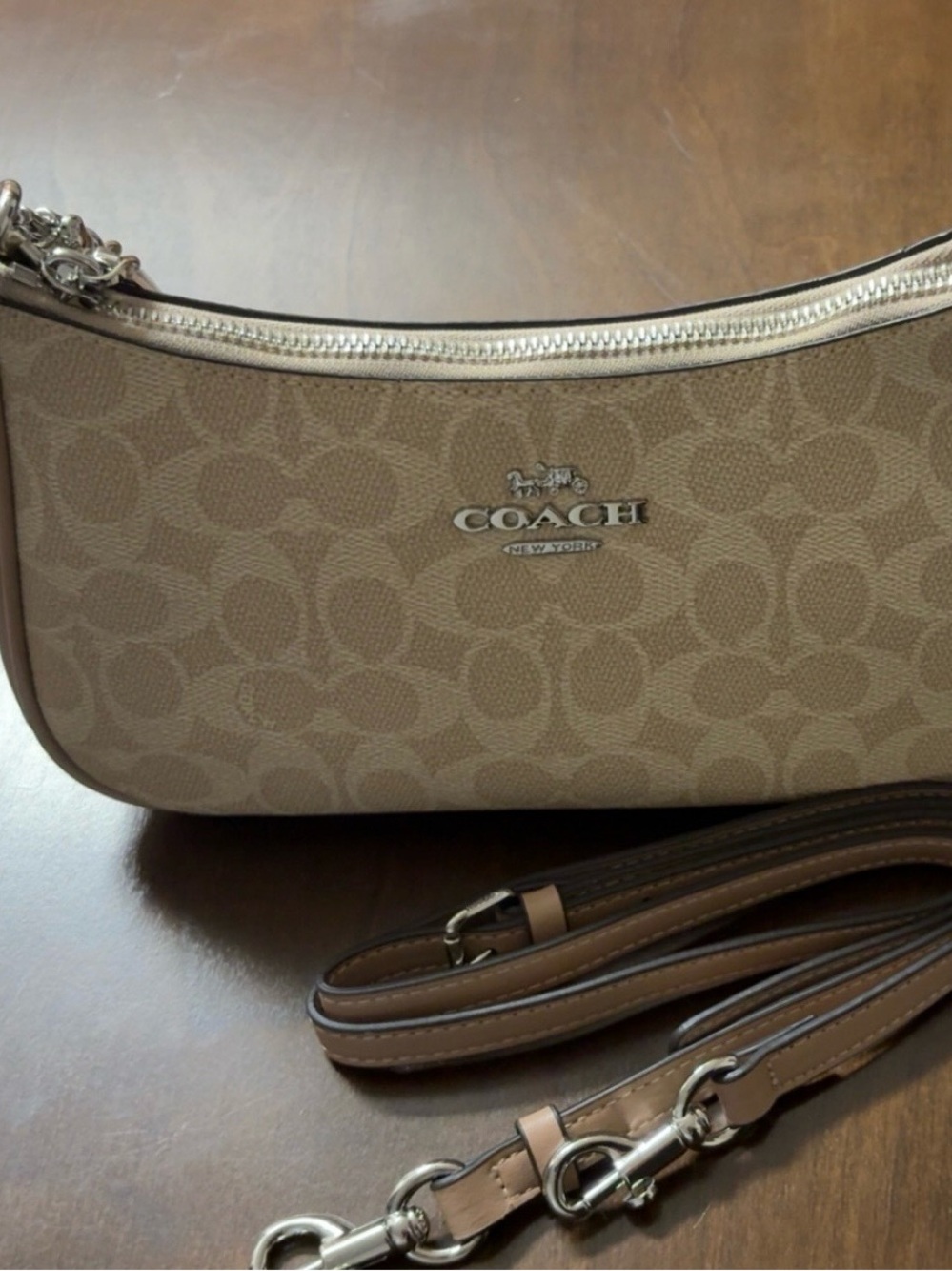 Coach Tan Signature Crossbody Bag with Silver Hardware